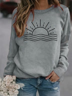 Sun Graphic Long Sleeve T-Shirt Women Round Neck Casual Top Fall Winter Polyester – Sunrise Print Positioning Graphic Tee Rust Color S-XXL