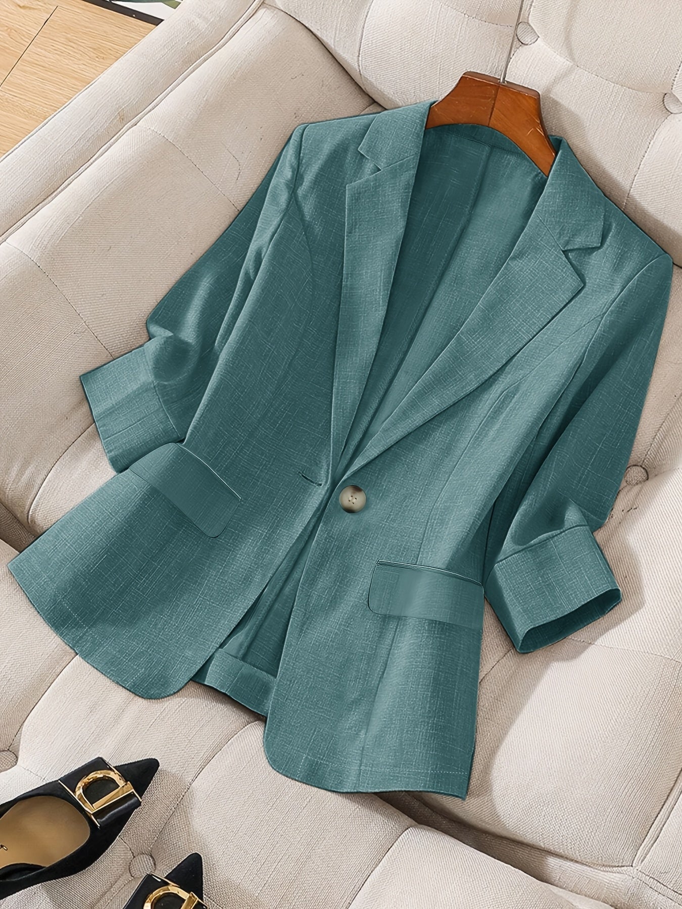 Women's Elegant Blazer Jacket 3/4 Sleeve Loose Fit Office Work Blazer Apricot Black Navy Olive Violet S M L XL XXL