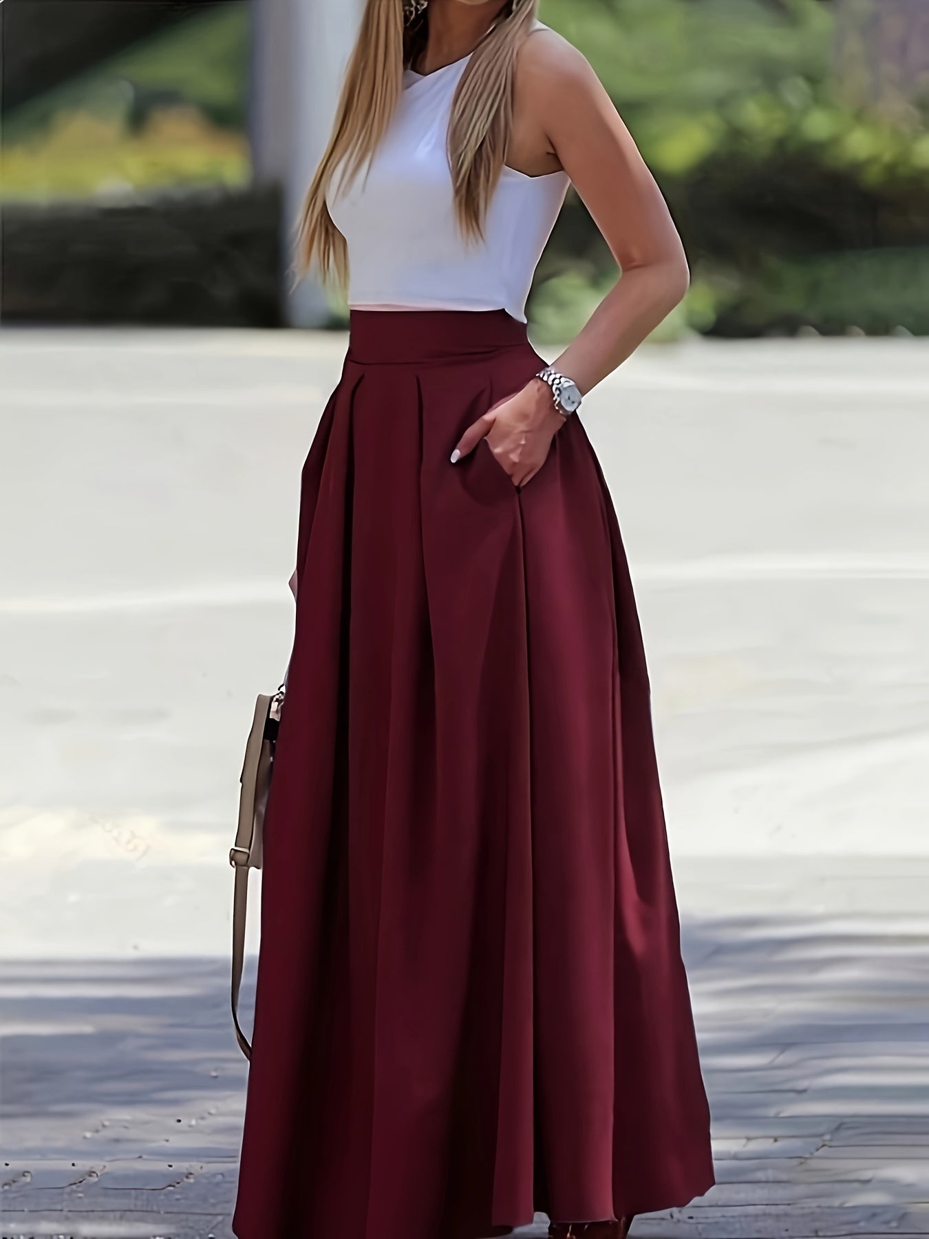 Women's High Waist A-Line Maxi Skirt Solid Color Flowy Elegant Long Skirt 97% Polyester Stretch Casual All-Season Skirt XS-XXL