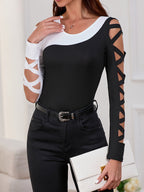 Women's Asymmetrical Two-Tone Long Sleeve Round Neck Shirt - Color Block Knit Top for Spring Summer Fall Casual Office Daily Wear