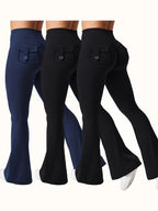 Women's 3-Piece High Waist Flare Yoga Pants Set with Belt and Pockets, Scrunch Butt Lifting Squat Proof 90% Polyester Stretchy Flared Leggings for Workout Gym Running Casual Wear