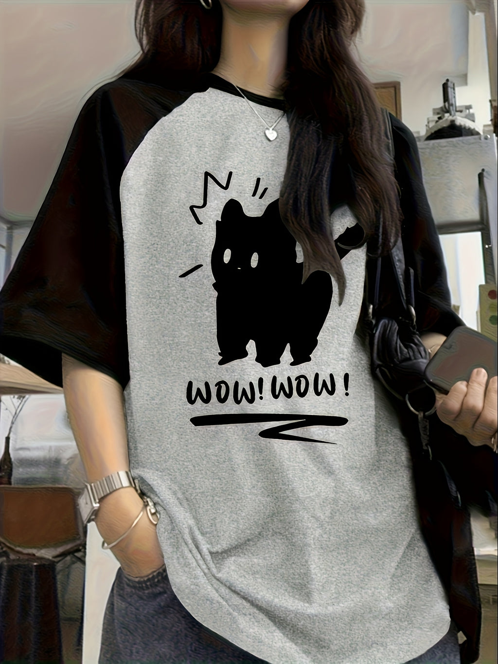 Y2K Cute Cat Letter Print Raglan Sleeve T-Shirt Women Round Neck Stretch Casual Top Olive Green Camel Red S M L XL XXL