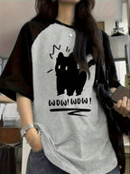 Y2K Cute Cat Letter Print Raglan Sleeve T-Shirt Women Round Neck Stretch Casual Top Olive Green Camel Red S M L XL XXL