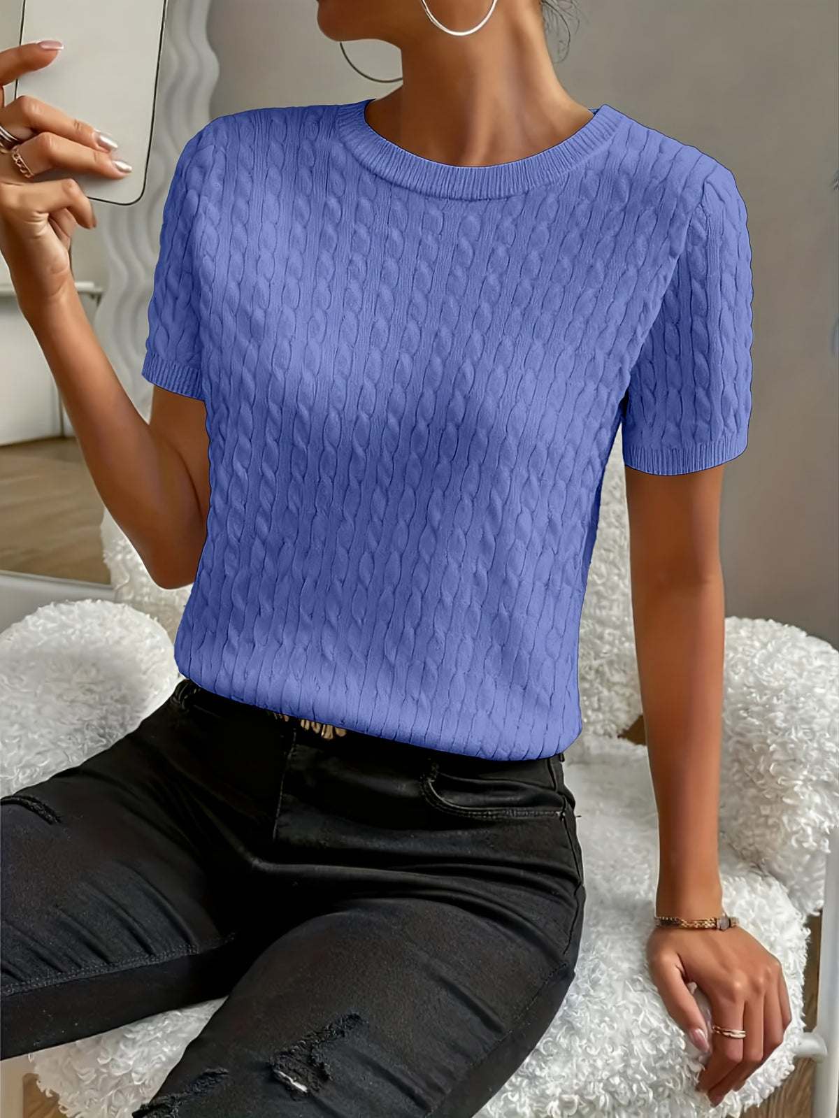Women's Ribbed Knit Short Sleeve Pullover Top | Crew Neck Minimalist Casual Summer T-Shirt Versatile Stretch Comfort