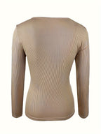 Women's Ribbed Knit Long Sleeve Top Crew Neck Button Detail Slim Fit Stretch T-Shirt Casual Chic Fall Winter Basic Tee Apricot S-XL