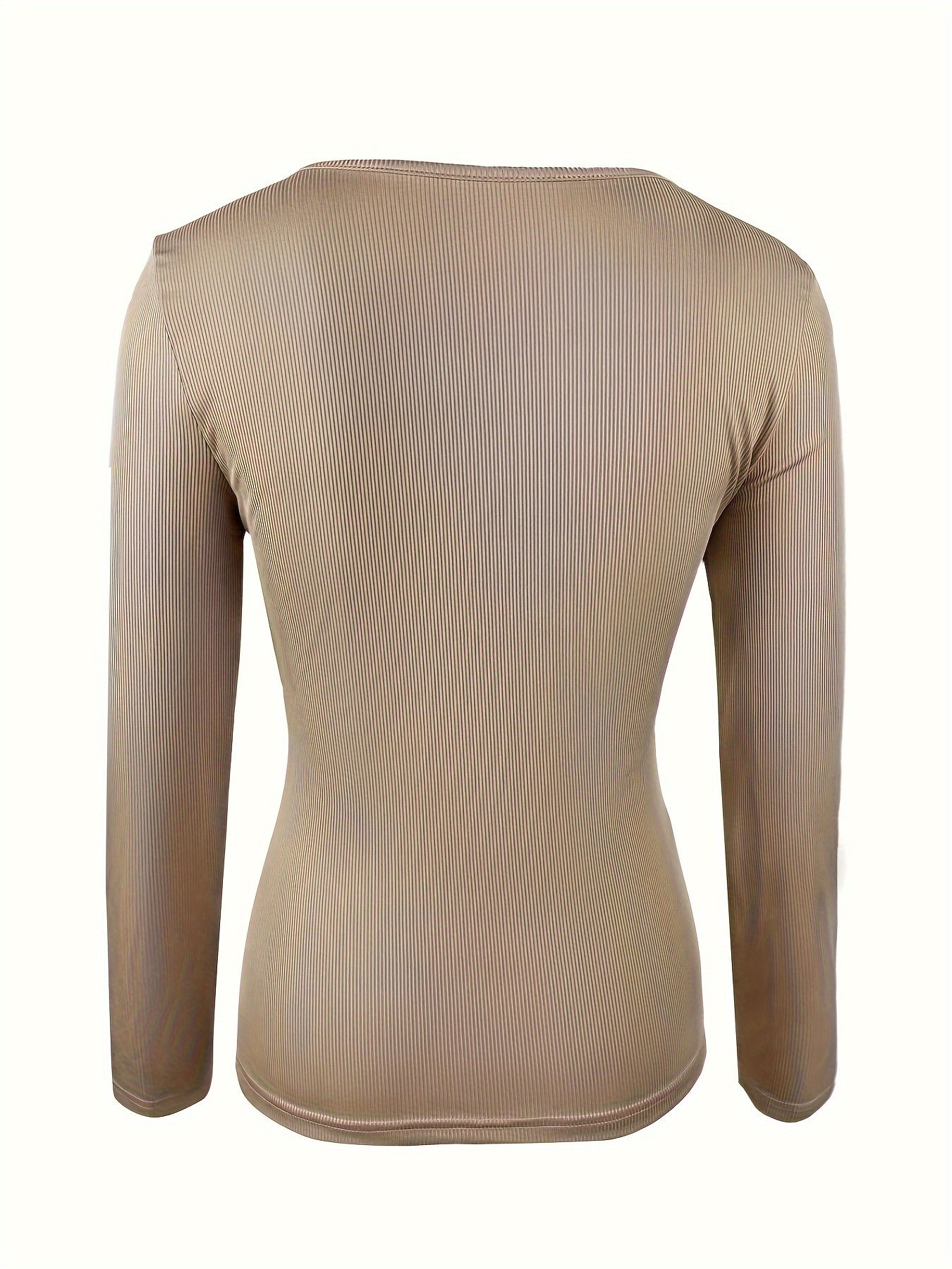 Women's Ribbed Knit Long Sleeve Top Crew Neck Button Detail Slim Fit Stretch T-Shirt Casual Chic Fall Winter Basic Tee Apricot S-XL