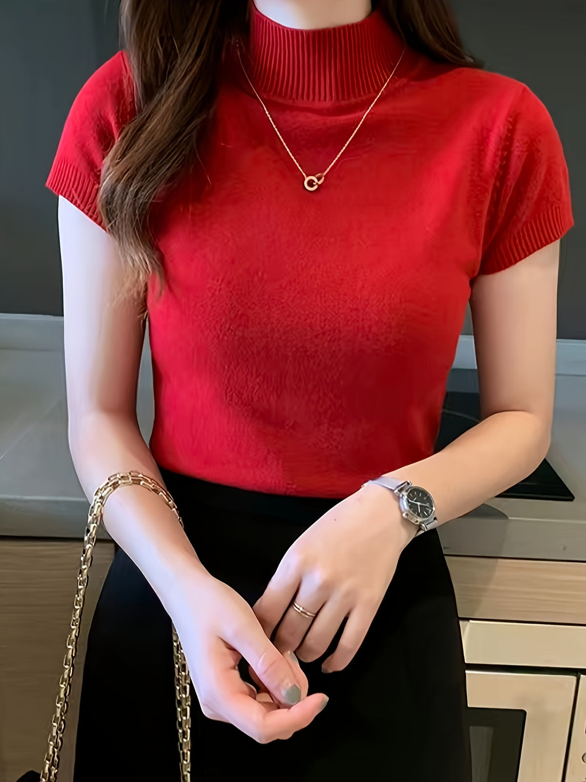 Women's Ice Fiber Half-High Collar Short Sleeve Pullover | Lightweight Cooling Thin Knit Top Versatile Summer Casual Wear