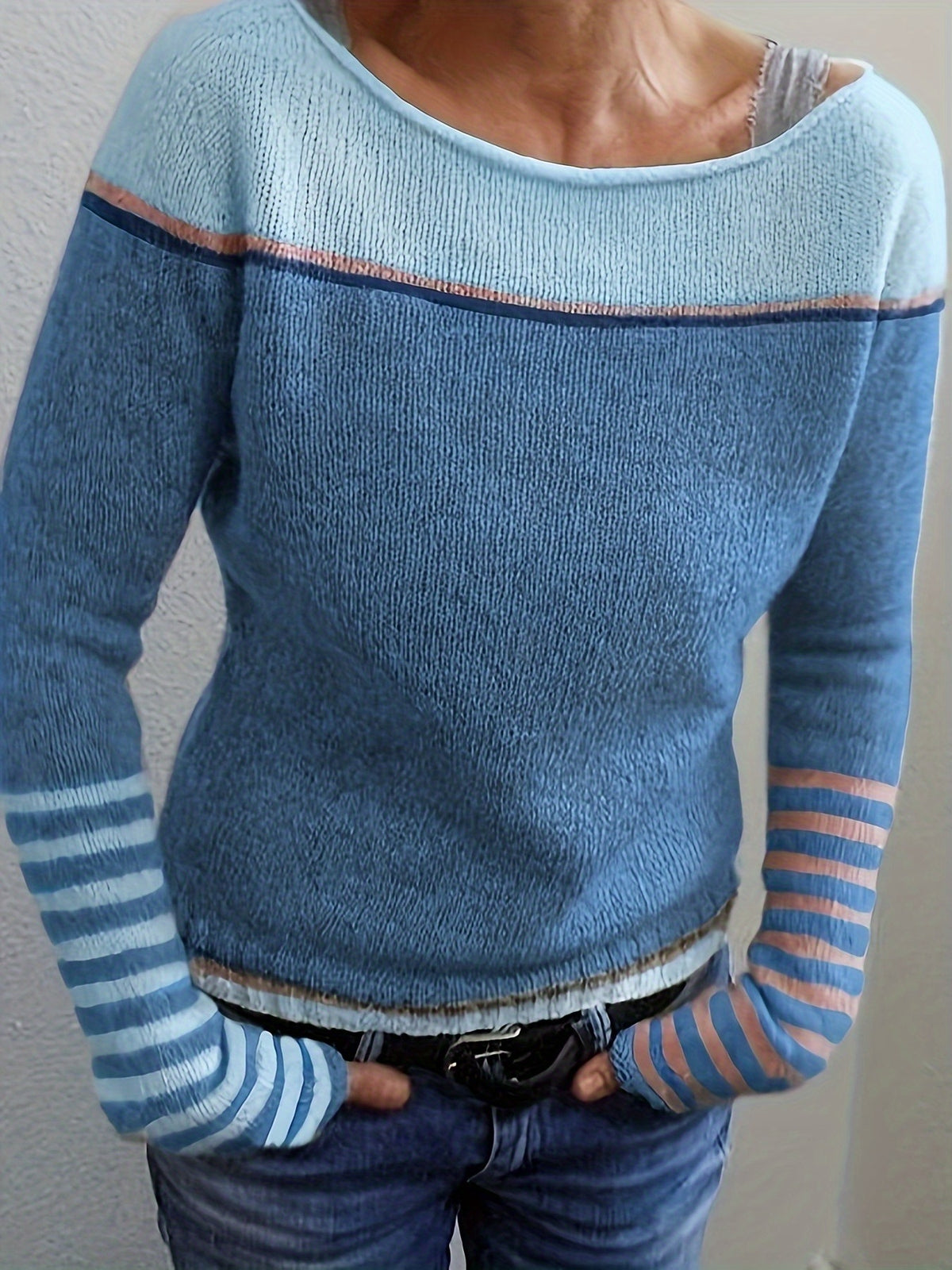 Women's Asymmetric Color Block Stripe Knit Sweater Long Sleeve - Off Shoulder Wide Neck Patchwork Pullover, Casual Chic Spring Fall Top in Grey Blue Green Purple S-XL