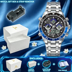 Men's Vintage Business Chronograph Watch with Steel Band – Dual Movement Waterproof Wristwatch with Band Adjustment Tool Father's Day Birthday Gift for Men