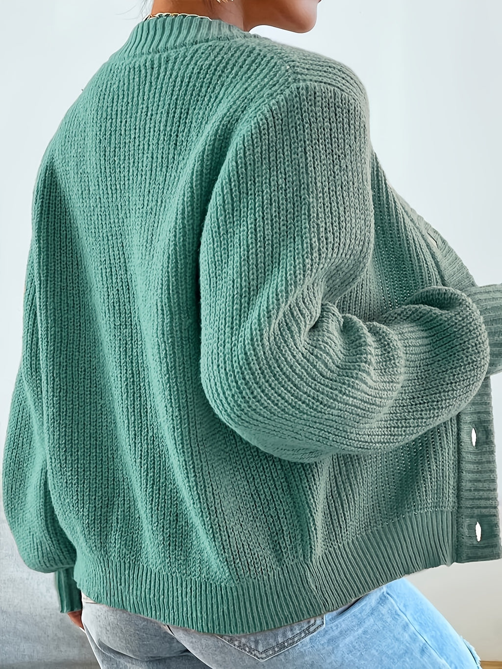 Women's Ribbed Knit Cardigan Button Front V-Neck Long Sleeve - Olive Green Loose Fit Chunky Sweater, Casual Cozy Fall Winter Layering Cardigan S-XXL