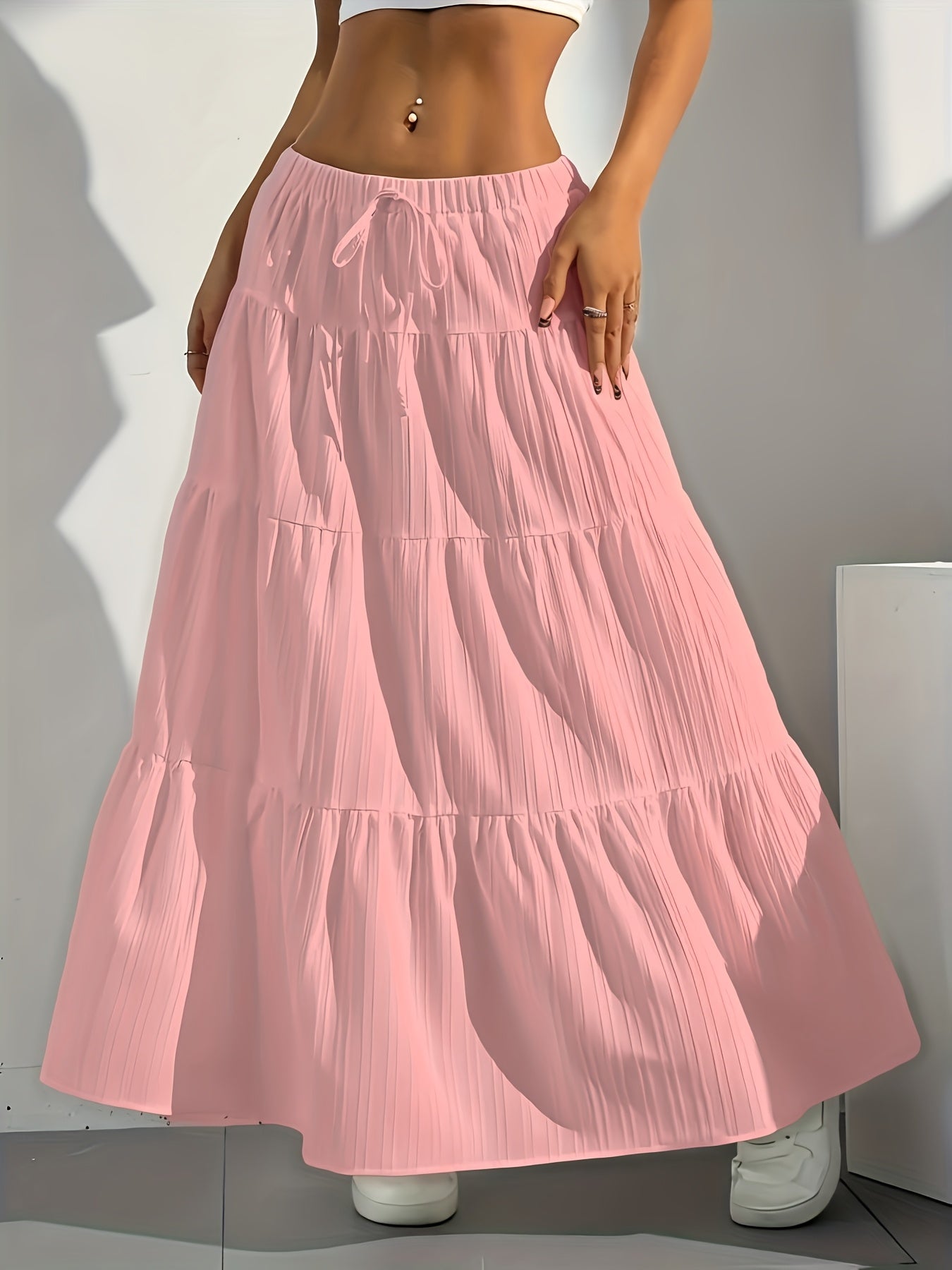 Women's Solid Color Tie-Back Flared A-Line Midi Skirt – Elegant Loose Swing Skirt Western Fashion Spring Summer Fall Casual Chic Half Skirt