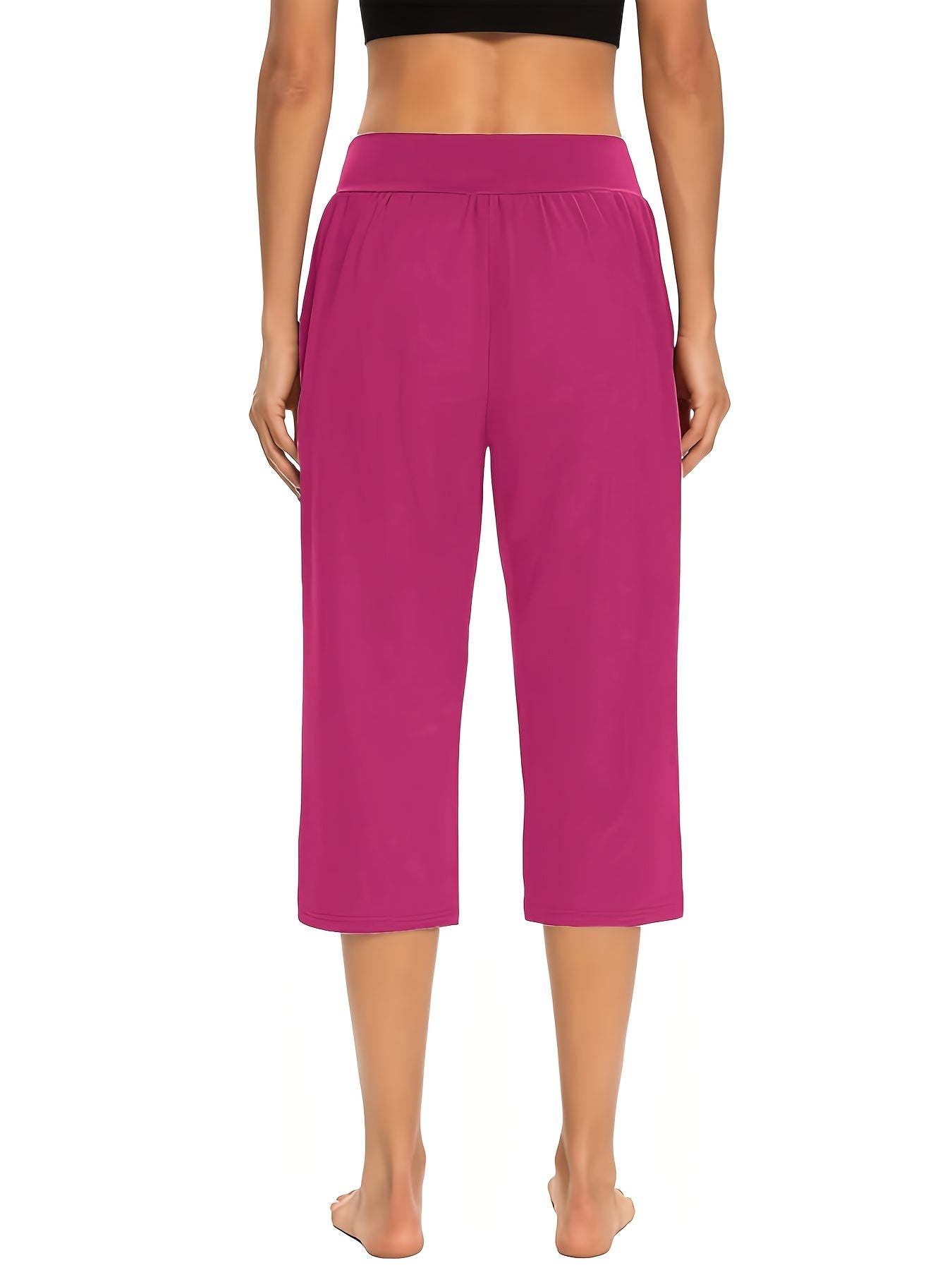 Women's High-Waisted Pull-On Cropped Pants – Stretchy Elastic Waist Lightweight Capri Pants with Pockets for Summer & Casual Wear