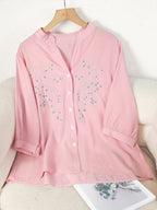Women's Floral Embroidered Blouse Long Sleeve Button Down - White Elegant Stand Collar Casual Shirt, Delicate Flower Print Summer Top S-XXL