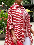 Women's Casual Striped Print Shirt Front Short Back Long Hem Long Sleeve Lapel Blouse 100% Polyester S M L XL XXL Red Black White