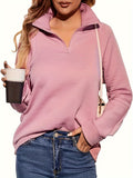 Women's V-Neck Zipper Pullover Sweater Long Sleeve Loose Casual Top Solid Color Pink Black Deep Red Ivory White S M L XL XXL