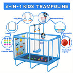 6-in-1 Kids Trampoline with Enclosure Net, Basketball Hoop, Swing, Rings & 15 Ocean Balls – 55"-58" Indoor Outdoor Rectangular Trampoline, Foam Padded Poles, W-Shaped Legs, Gift for Boys Girls Ages 3-10