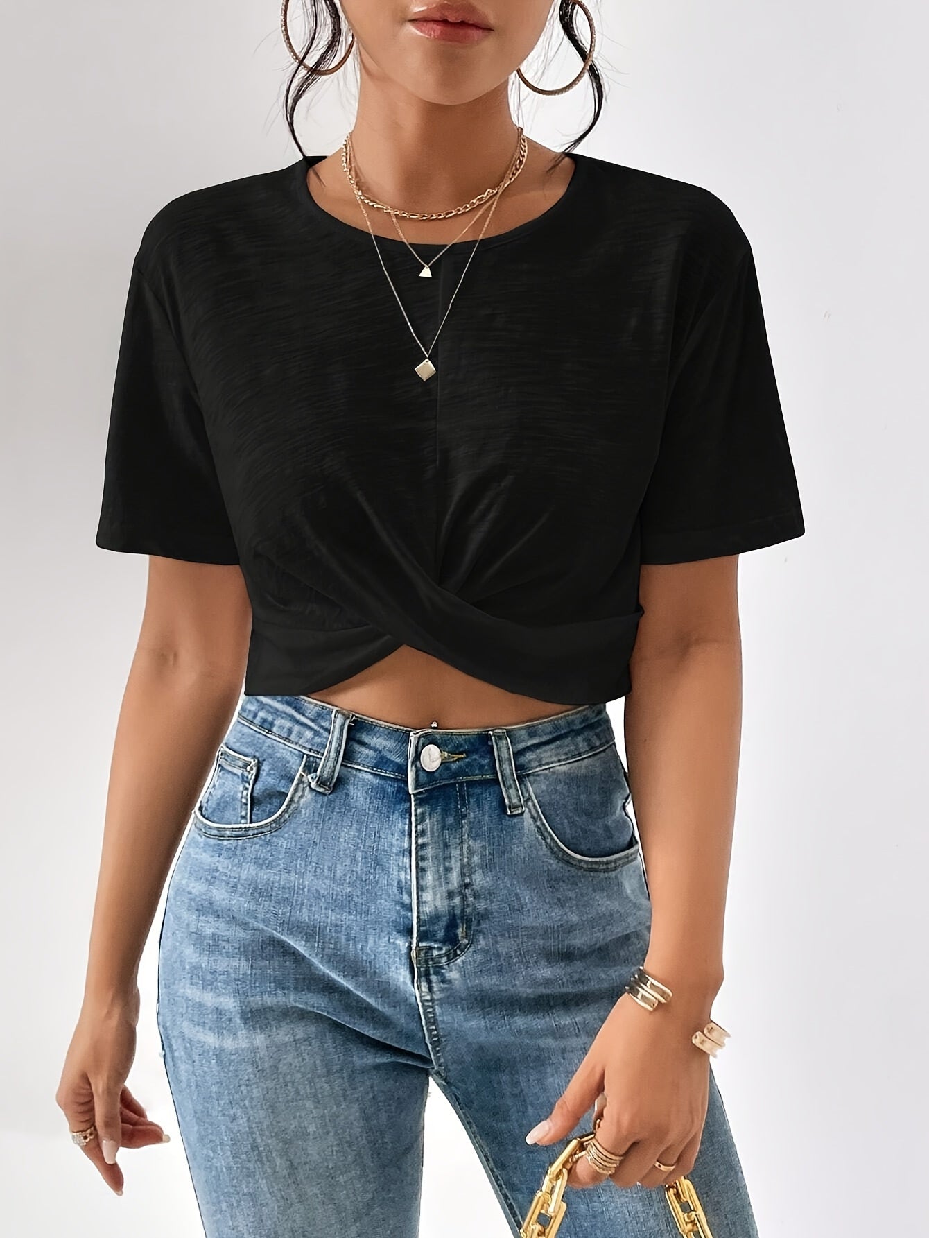 Women's Twist Front Crop Top Short Sleeve T-Shirt Solid Color Casual Summer Tops Cute Streetwear XS-XXL 8 Colors