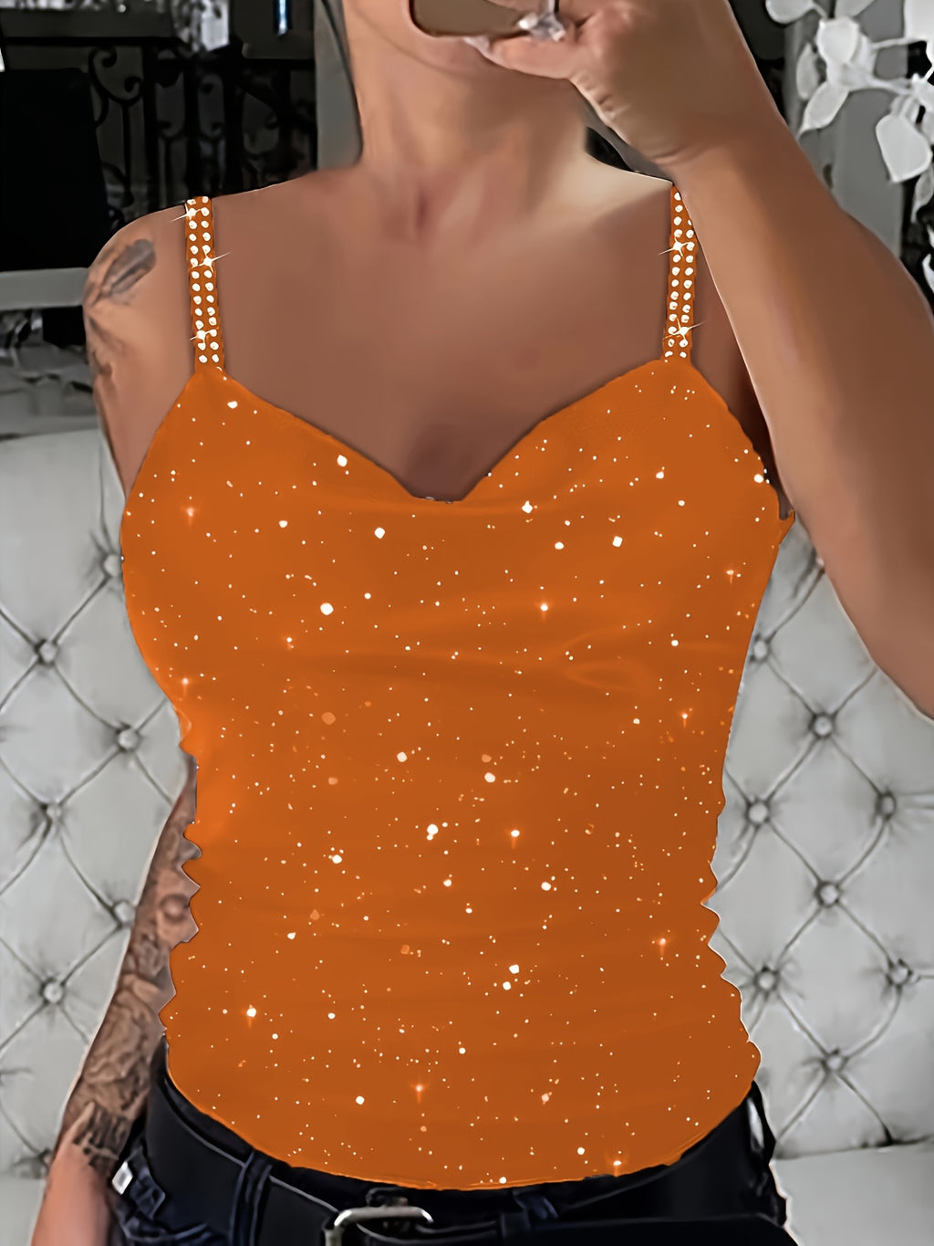 Women's Sequin Rhinestone Strap Cami Top Sexy V-Neck Sleeveless Tank Top Glam Party Night Out Going Out Tops Spring Summer Fall S M L XL XXL
