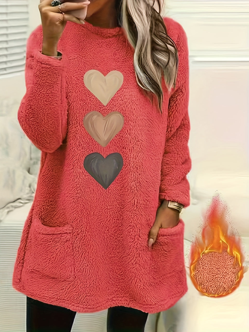Women's Heart Print Sweatshirt Long Sleeve Fleece Lined Pullover Casual Crewneck Fall Winter Sweatshirt for Women S-XXL Multiple Colors