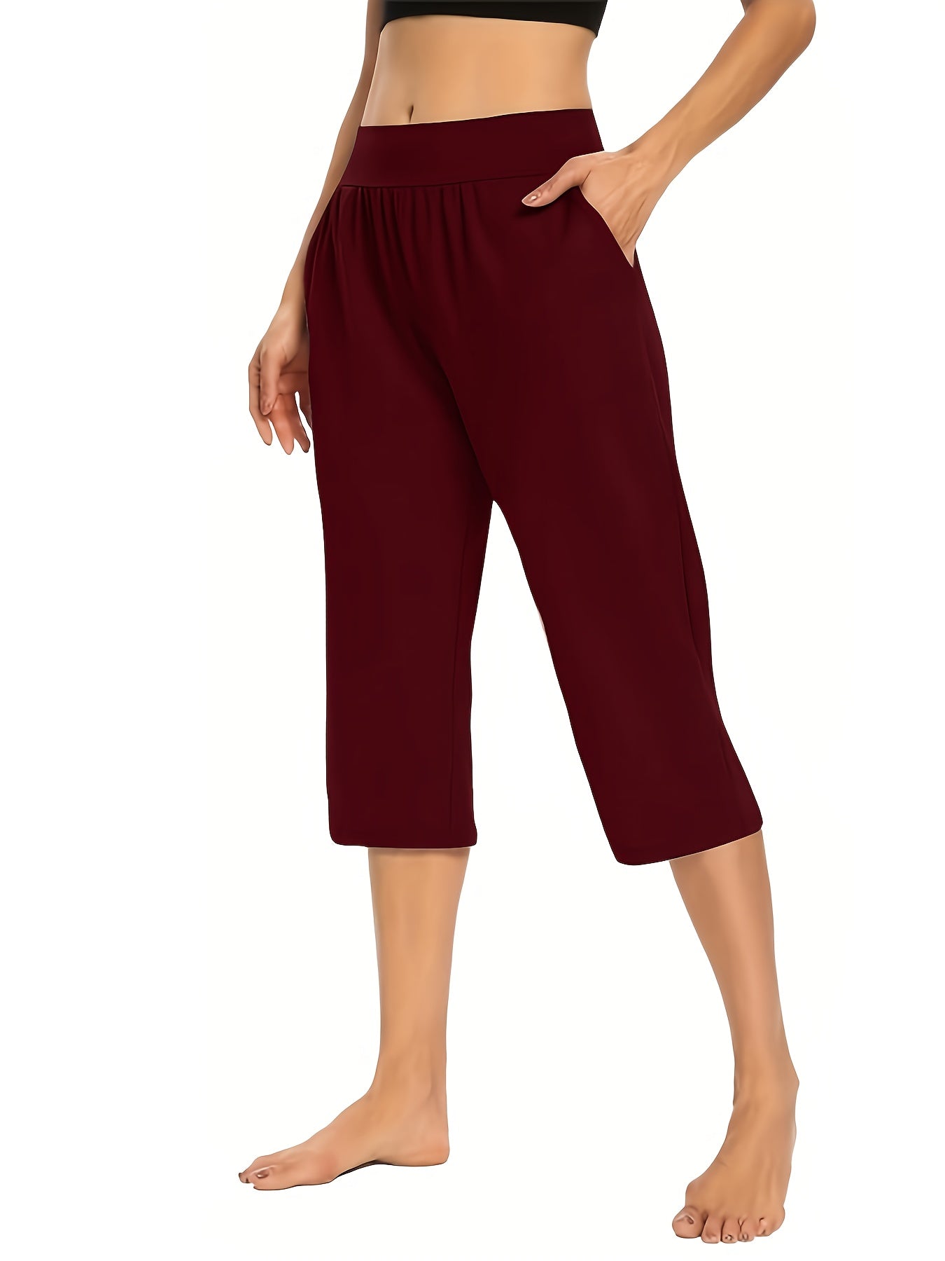 Women's High-Waisted Pull-On Cropped Pants – Stretchy Elastic Waist Lightweight Capri Pants with Pockets for Summer & Casual Wear