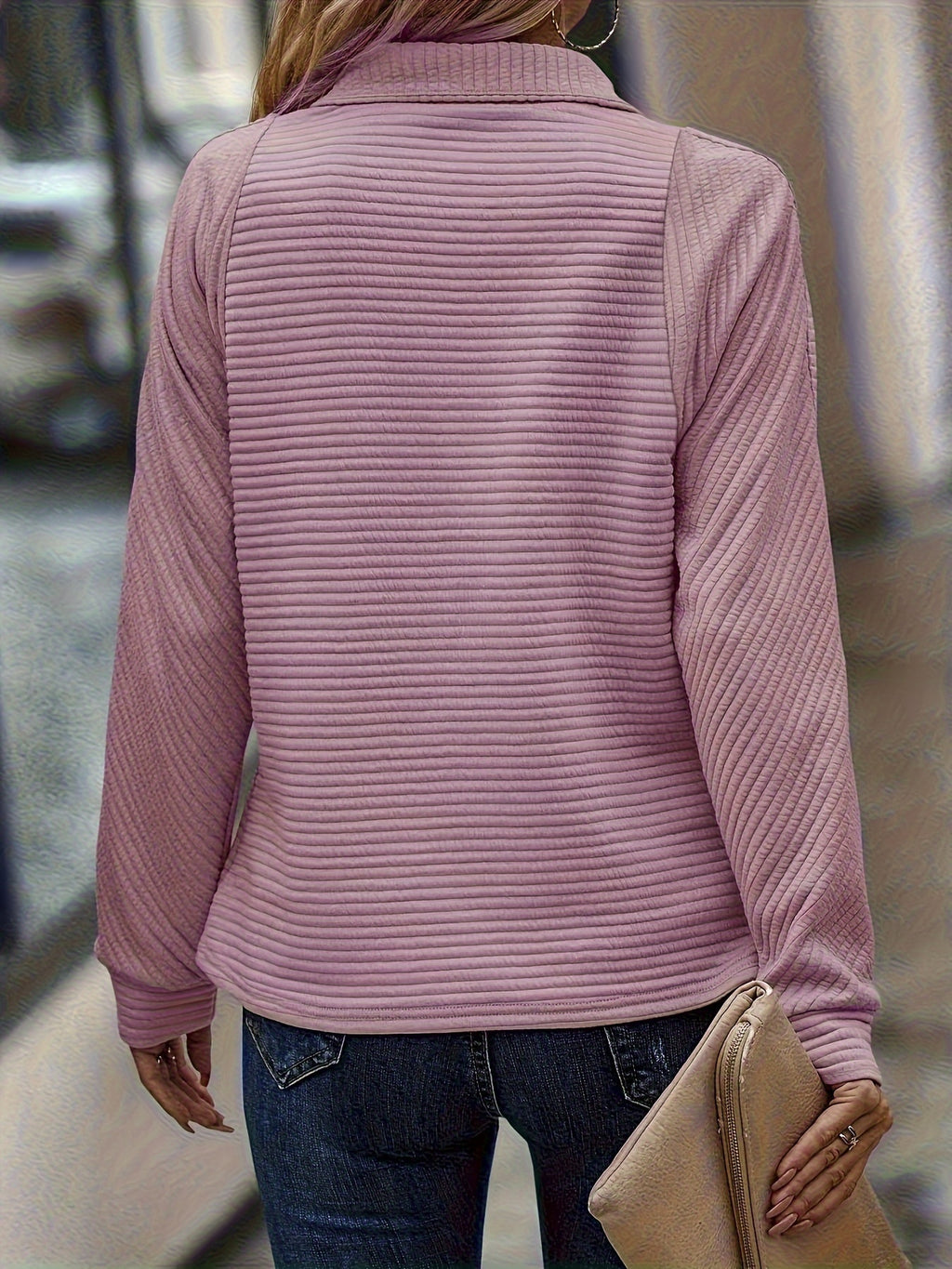 Women's V-Neck Zipper Pullover Sweater Long Sleeve Loose Casual Top Solid Color Pink Black Deep Red Ivory White S M L XL XXL