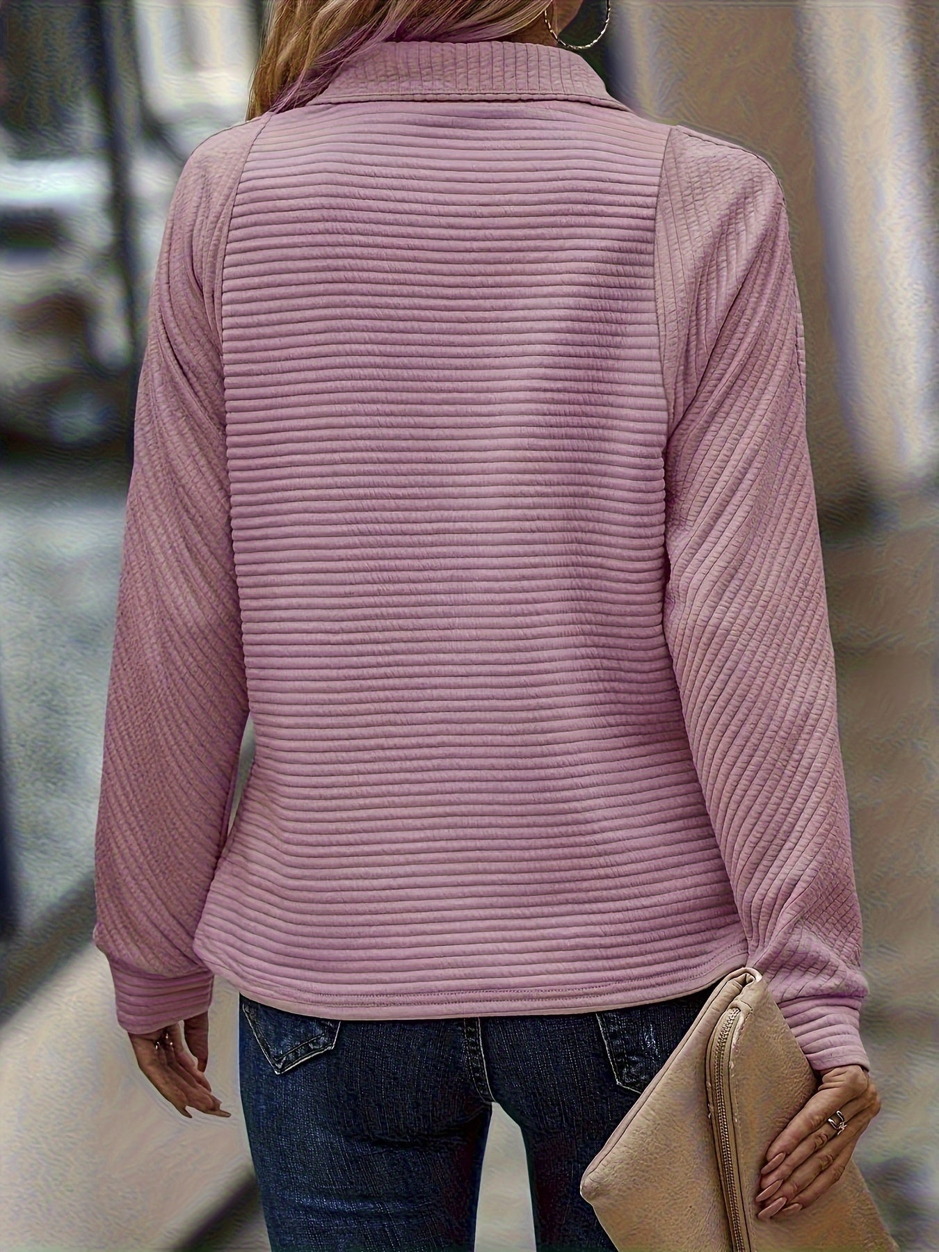 Women's V-Neck Zipper Pullover Sweater Long Sleeve Loose Casual Top Solid Color Pink Black Deep Red Ivory White S M L XL XXL