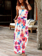 Strapless Bandeau Maxi Dress with Pockets for Women – Waist-Cinching Stretch Casual Summer Long Dress in Solid Colors S-XXL