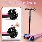 Kids 3-Wheel Scooter with Light Up Wheels – Adjustable Height Lean-to-Steer Toddler Scooter for Ages 2-5, Front Brake & Double Suspension, Pink Blue Black Red