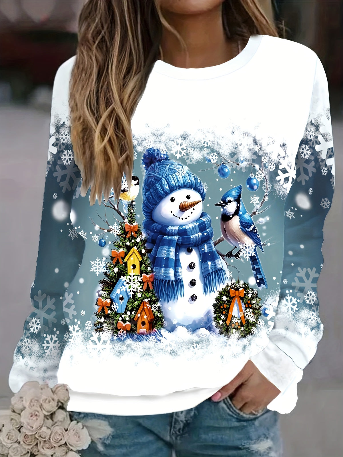 Christmas Print Crew Neck Long Sleeve Loose Pullover Sweatshirt Women Holiday Festive Casual Tops US Warehouse