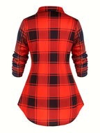 Women's Retro 2-Piece Set - High-Waist Plaid Long Sleeve Blouse & Body Strap | Vintage Button Lapel Collar Fall Spring Outfit Fashion