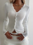 Women's Lace Ruffle Trim Slim-Fit Cardigan Long Sleeve Button-Up Top Lace Patchwork Elegant Blouse White Black XS S M L XL Casual Office Spring