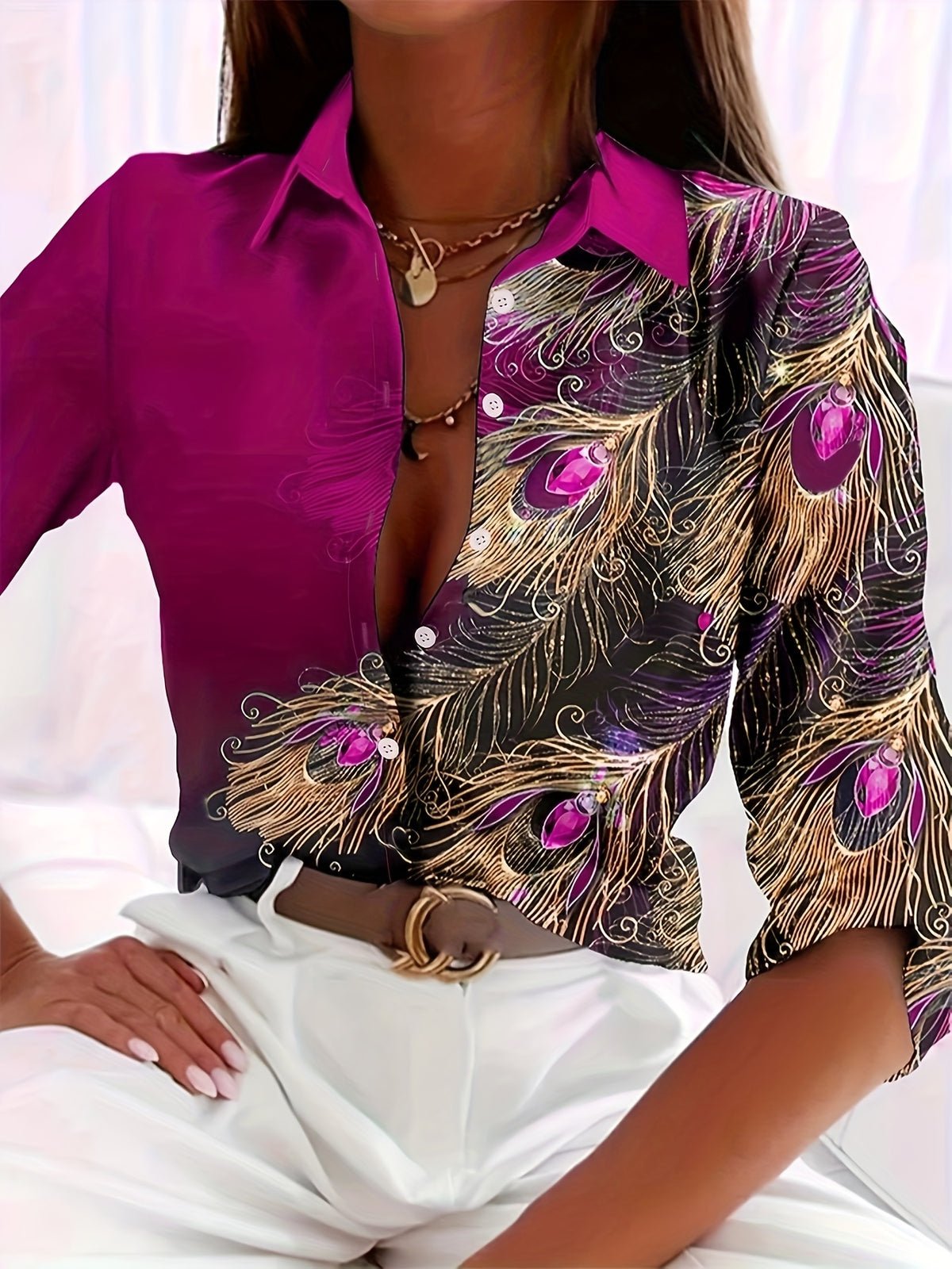 Women's Elegant Peacock Print Button-Front Blouse | Turquoise Gold Classic Collar Woven Polyester Shirt for Office Party All-Season Wear