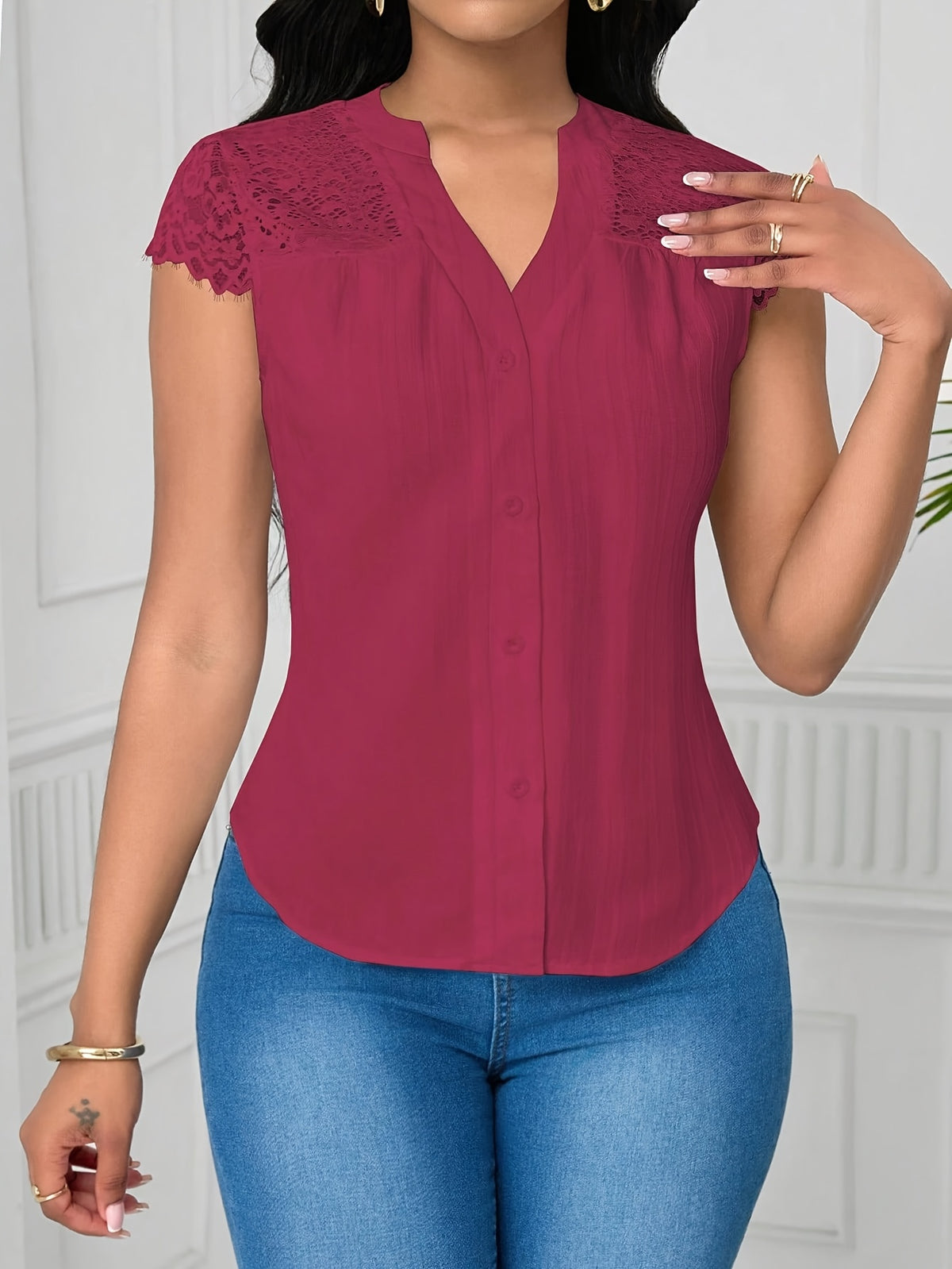 Women's Elegant Lace Patchwork Blouse – V-Neck Striped Semi-Sheer Woven Top for Summer, Casual & Weekend Wear