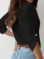 Women's Professional V-Neck Button Shirt - Solid Black Long Sleeve OL Formal Blouse | 100% Polyester Versatile Work Office Top New Arrival