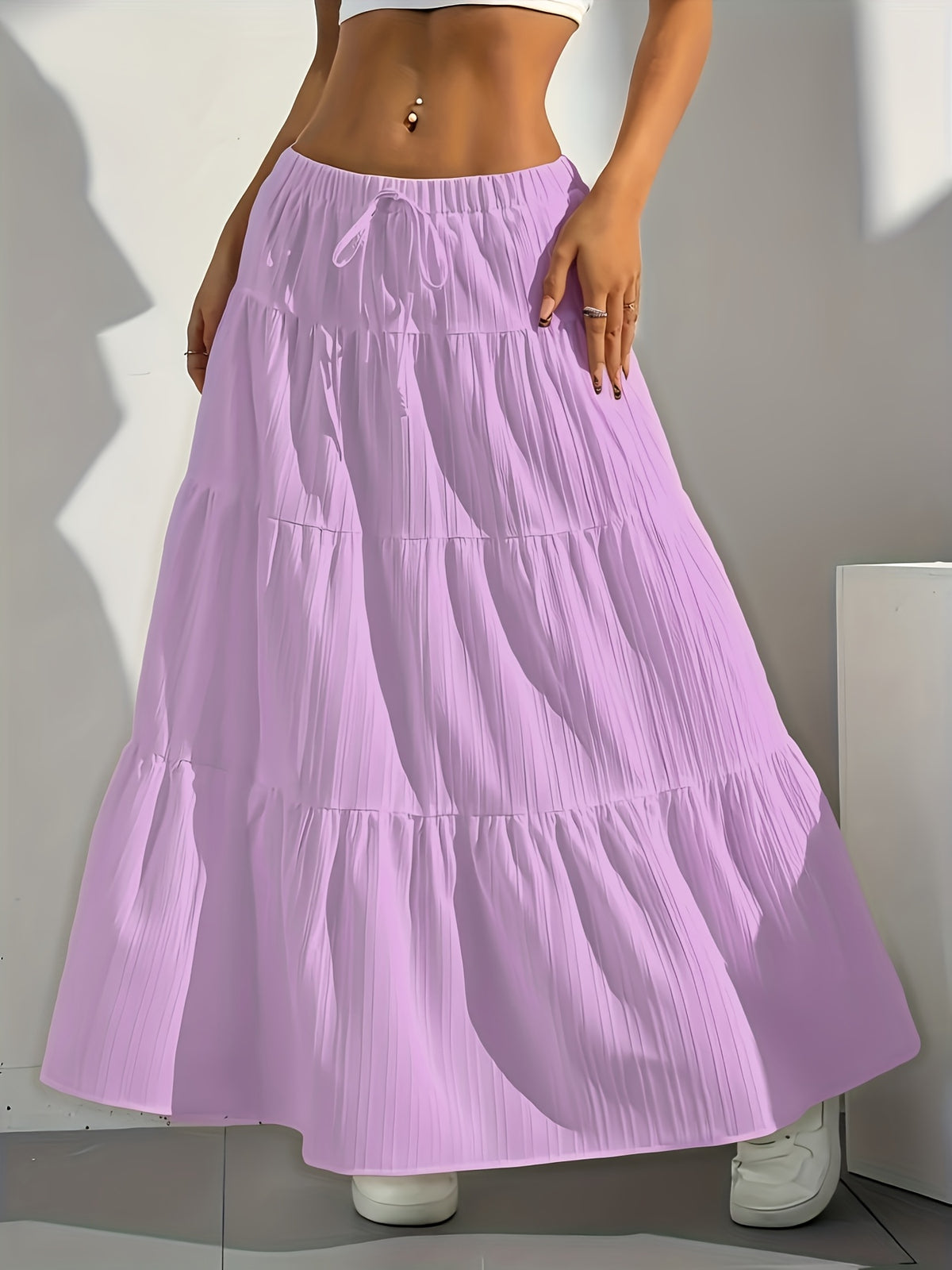 Women's Solid Color Tie-Back Flared A-Line Midi Skirt – Elegant Loose Swing Skirt Western Fashion Spring Summer Fall Casual Chic Half Skirt