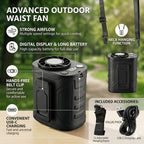 Portable Neck & Waist Fan 18000RPM Brushless Motor – 199-Speed Adjustment, 5000mAh Battery, LED Power Display, Hands-Free Wearable Cooling Fan for Outdoor Work, Camping, Fishing, Hiking & Travel