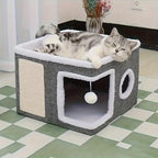 Foldable 2-Tier Cat House with Scratching Post, Plush Hanging Ball & Tunnel – Indoor Cat Cube Bed, Nylon Frame Canvas Construction, Space-Saving 16.5x16.5x13 Inch Design for Small Spaces