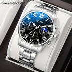 Men's Stainless Steel Chronograph Quartz Watch Set with Necklace & Bracelet – 3-Piece Business Analog World Time Jewelry Gift Set for Professional Formal Events