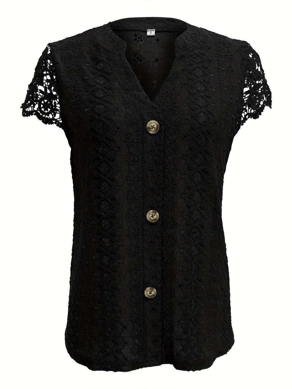 Women's Lace Trim V-Neck Button-Front T-Shirt Elegant Casual Short Sleeve Summer Top Lightweight Knit Regular Fit Machine Washable S M L XL XXL
