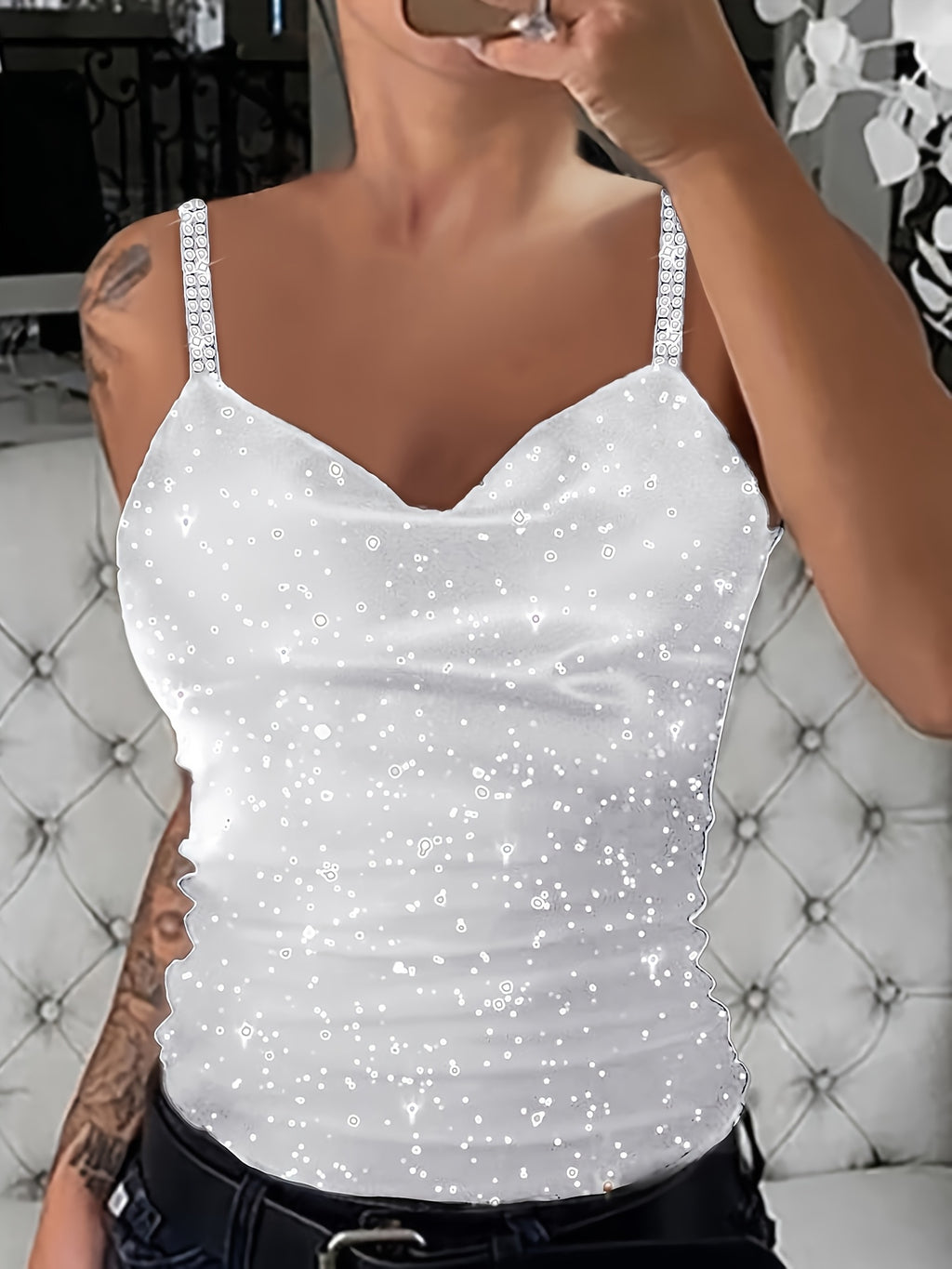 Women's Sequin Rhinestone Strap Cami Top Sexy V-Neck Sleeveless Tank Top Glam Party Night Out Going Out Tops Spring Summer Fall S M L XL XXL