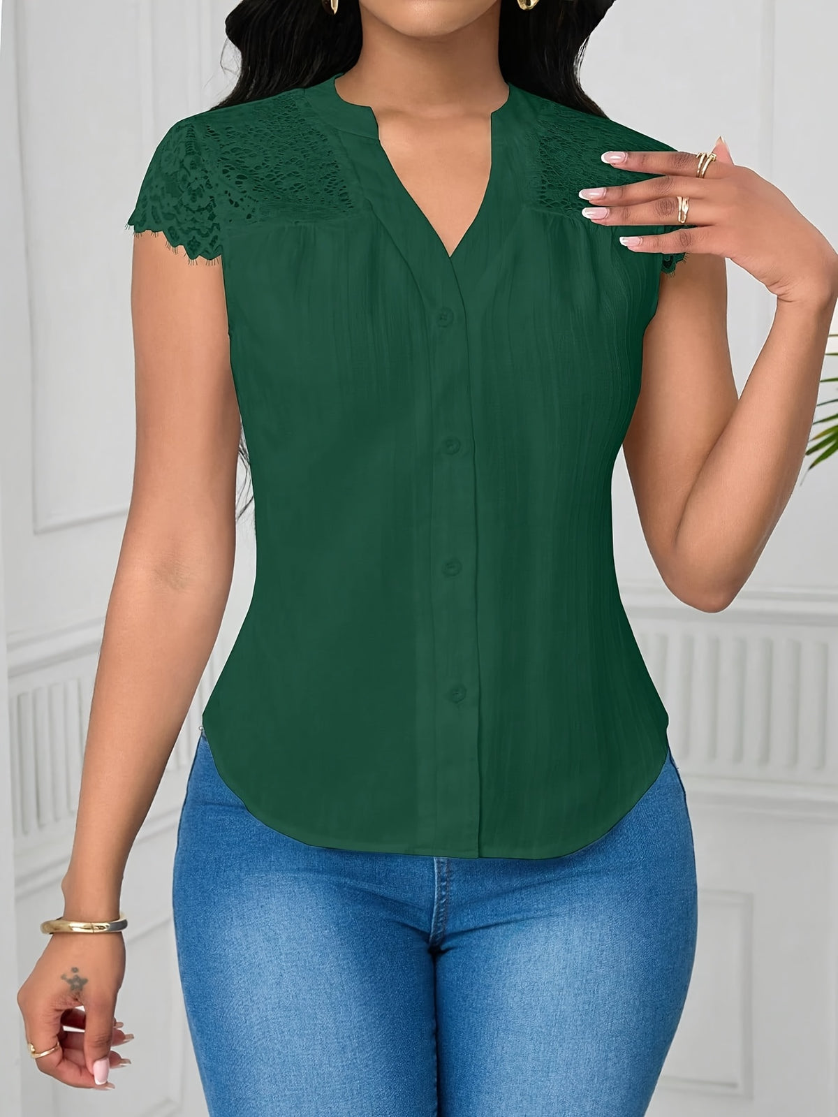 Women's Elegant Lace Patchwork Blouse – V-Neck Striped Semi-Sheer Woven Top for Summer, Casual & Weekend Wear