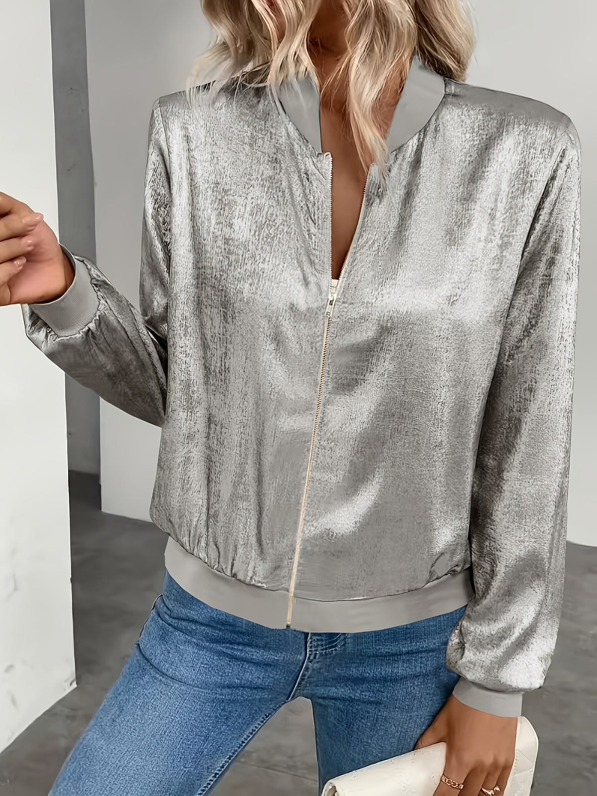 Women's V-Neck Zip-Up Lightweight Jacket – Casual Versatile Short Outer Coat, Solid Color Spring Summer Woven Cardigan, European American Style, Sizes XS-XXL, Beige Pink Purple