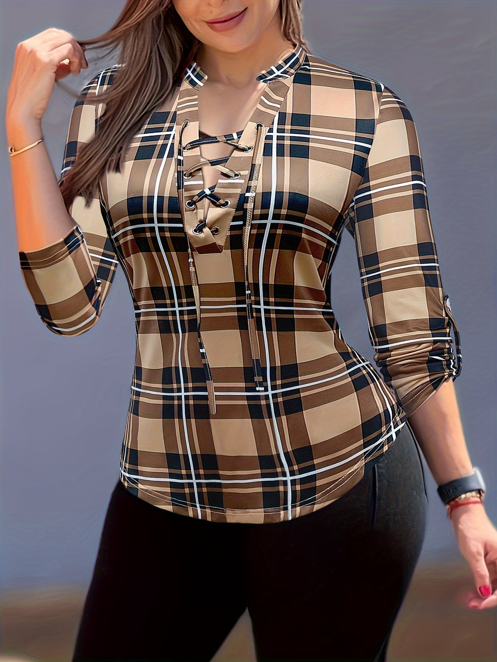 Women's V-Neck Plaid Long Sleeve Top Sexy Western Shirt Micro Stretch Blouse Spring Casual Regular Fit Trendy Outfit S M L XL XXL