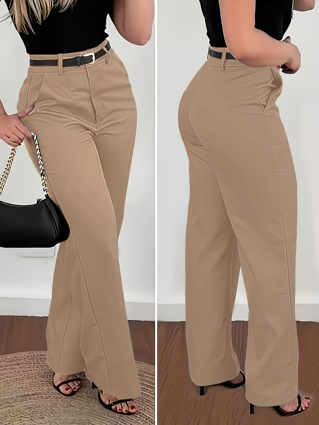 Women's Elegant Solid Color Trousers Machine Washable Office Casual Wide Leg Pants with Pockets S-XXL Dark Gray Burgundy