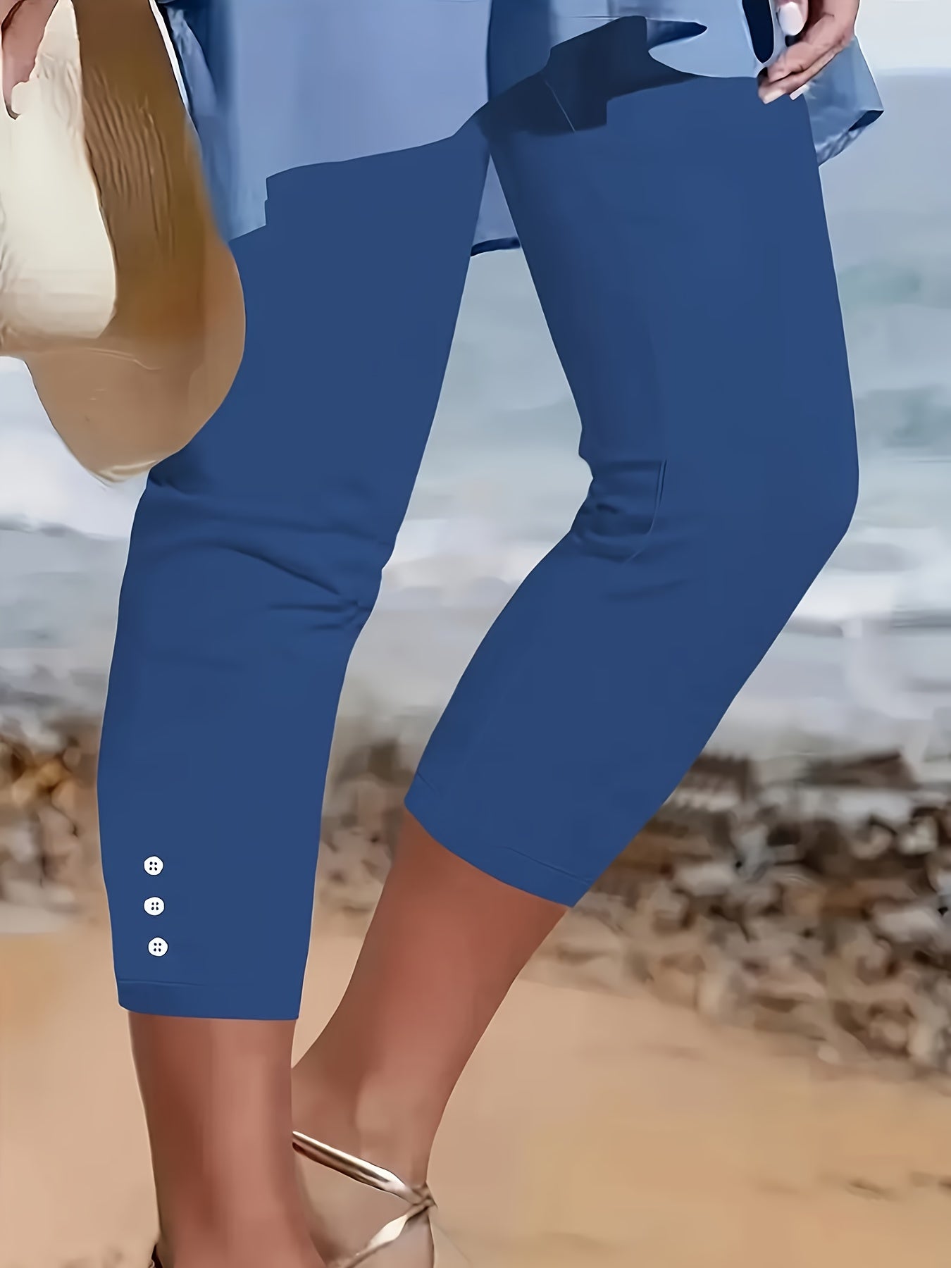 Women's Capri Pants Solid Color Stretchy Button-Front Elastic Waist Three-Quarter Length Trousers Casual Dressy Spring Summer Machine Washable S M L XL XXL