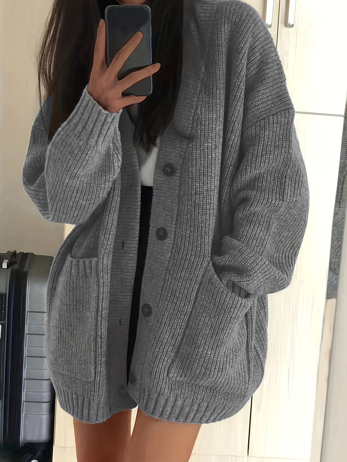 Oversized Ribbed Knit V-Neck Button Down Cardigan Sweater Women Fall Winter Casual Cozy Layering Outerwear