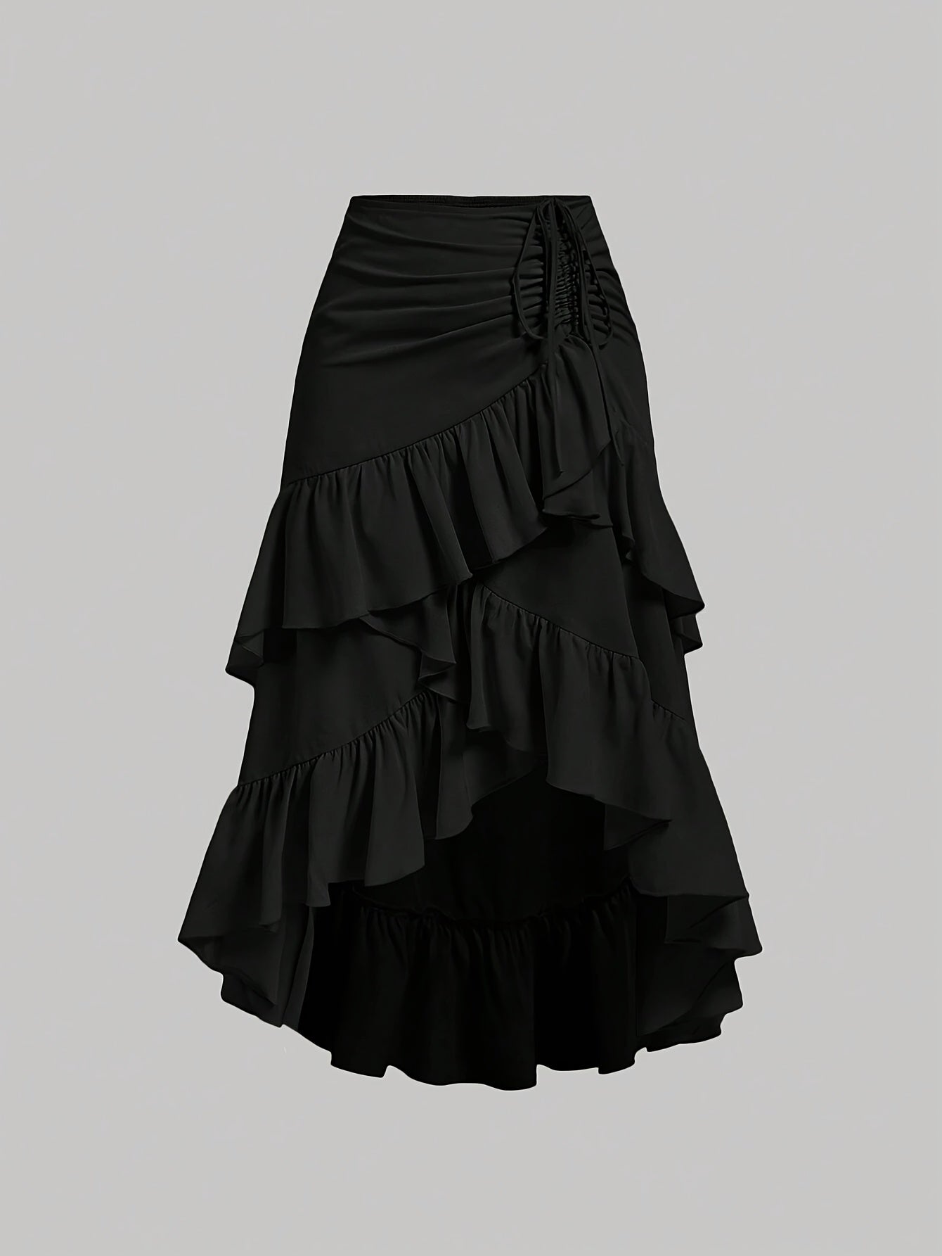 Women's Asymmetrical Pleated Hem Multi-Layer Midi Skirt – Flowy Chiffon-Style 100% Polyester Spring Fall Fashion Tiered Ruffle Swing Skirt