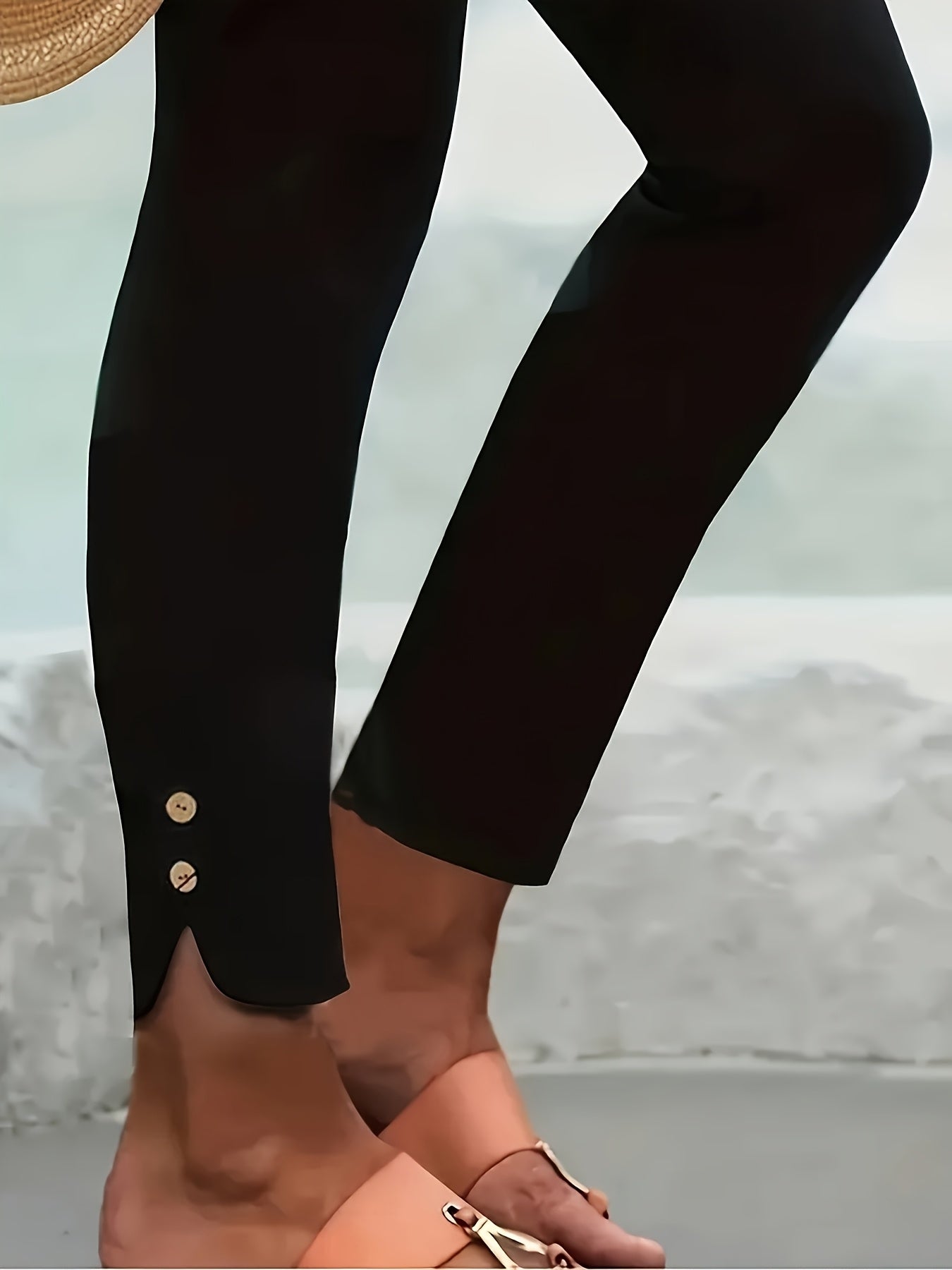 Women's Tummy Control Stretch Capri Pants Elastic Tie Coconut Button Ankle Length - Slimming Casual Semi-Casual Leggings for Spring Summer Fall Machine Washable