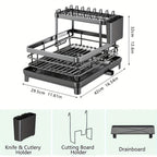 2-Tier Dish Drying Rack for Kitchen Counter with Drainboard Drain Mat Knife Fork Cup Holder Utensil Organizer Dish Drainer Kitchen Gadget Gift for Women Mother's Day