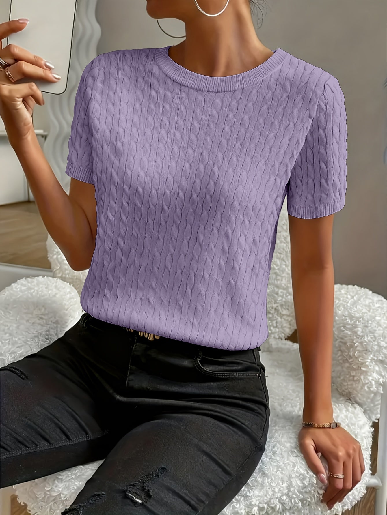 Women's Ribbed Knit Short Sleeve Pullover Top | Crew Neck Minimalist Casual Summer T-Shirt Versatile Stretch Comfort